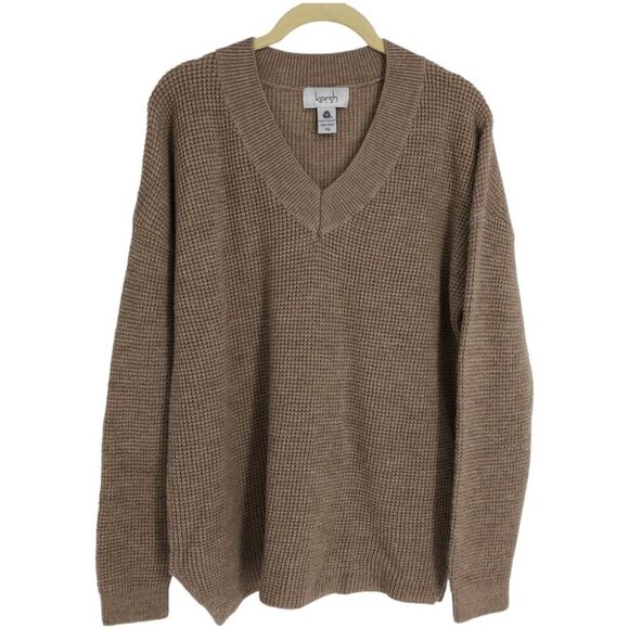 Kersh Light Khaki Tan Camel ribbed Knit V-neck Merino tencel Blend Sweater L - Picture 2 of 16